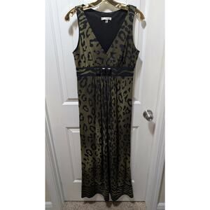 SANDRA DARREN Green Black Leopard Print Maxi Dress Sleeveless V Neck Size 6